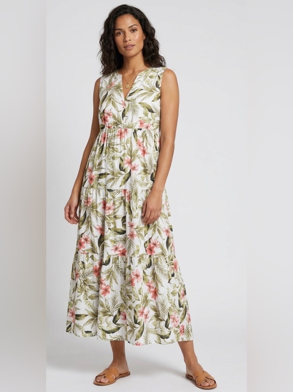 Olsen White Floral Leaf Print Tiered Cotton Sleeveless Midi Dress Pockets Sz 8